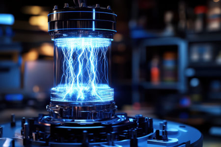 A high-tech energy reactor displays arcs of blue electricity in a laboratory setting, showing advanced technology.の写真素材