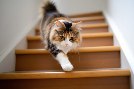 A fluffy cat walks down the steps in a bright corridor, showing its elegance and curiosity.の写真素材