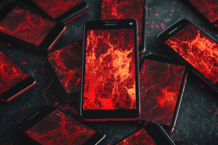 Several smartphones are arranged on a dark surface, each screen showcasing a vibrant fiery design.の写真素材