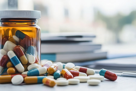 Colorful capsules and tablets are scattered on a table next to a jar filled with pills and books.の写真素材