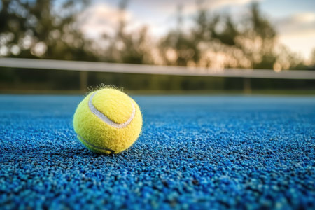 A bright yellow tennis ball sits on a blue court, illuminated by the warm glow of the setting sun.の写真素材