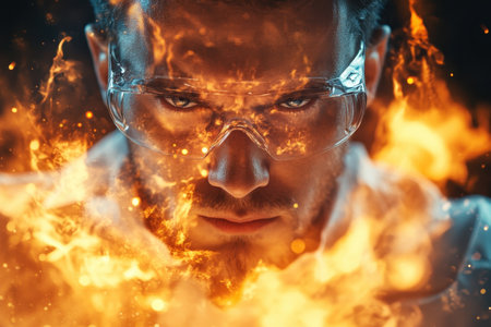 A scientist wearing goggles stares intently as flames erupt around him during an experimental demonstration.の写真素材