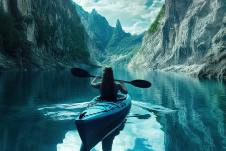 A person kayaks on calm waters, framed by towering mountains and lush greenery under a clear sky.の写真素材