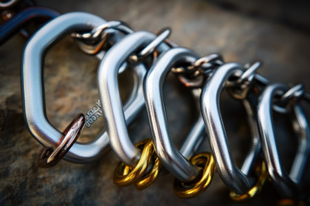 A collection of carabiners in silver and gold resting on a rocky surface, highlighting their metallic finishes.の写真素材