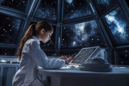 A scientist focuses on complex data analysis while exploring the cosmos in a high-tech lab.の写真素材