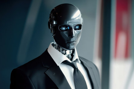 A humanoid robot dressed in a formal suit stands in an upscale office, showcasing advanced technology and design.の写真素材