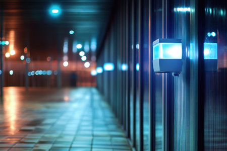 Bright lights illuminate a sleek corridor at night, creating an atmospheric and serene urban environment.の写真素材