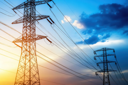 Power lines stand tall against a vibrant sunset, creating a striking silhouette in the evening sky.の写真素材