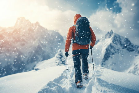 A hiker makes their way through deep snow in the mountains, surrounded by tall peaks and soft light.の写真素材