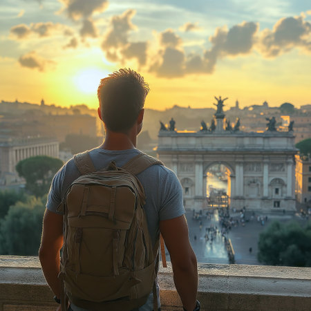A traveler admires the sunset while facing a historic archway in Rome.の写真素材