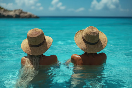 Two friends relax in turquoise water, wearing sun hats, enjoying a beautiful day together.の写真素材
