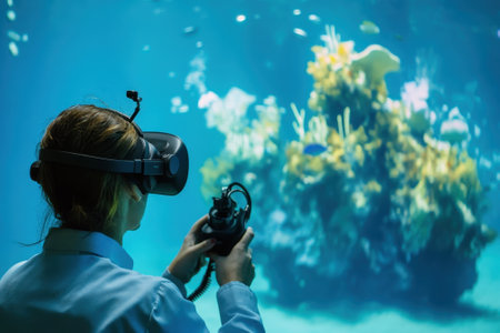 User engages in virtual reality exploration, interacting with a colorful coral reef in an ocean-like setting.の写真素材