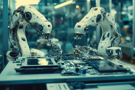 Robotic arms are skillfully assembling intricate electronic parts on a production line in a factory.の写真素材