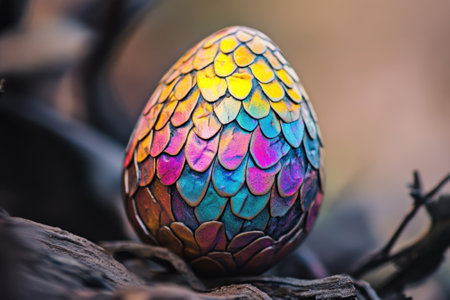 A vibrant dragon egg with colorful scales sits atop a log in a serene forest during twilight.の写真素材