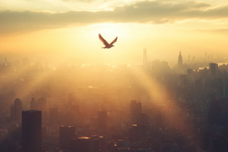 A bird glides gracefully above New York City as the sun rises, casting warm golden light across the skyline.の写真素材