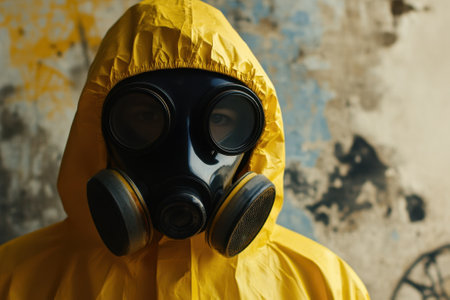 Person wearing a bright yellow suit and gas mask faces the camera, showing a gritty background.の写真素材
