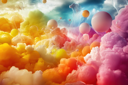 Bright and vibrant clouds of pink, orange, and yellow fill the sky, accented by floating spheres.の写真素材