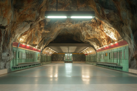 A striking subway station built within a natural rock cavern, showcasing distinct architectural features.の写真素材