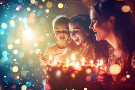 Two women and a child joyfully celebrate, surrounded by glowing candles and colorful lights during a festive occasion.の写真素材