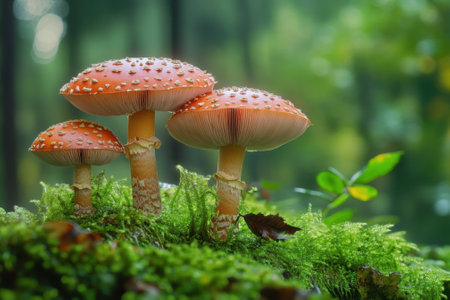 Three vibrant mushrooms stand tall on a bed of green moss in a serene forest setting after rain.の写真素材