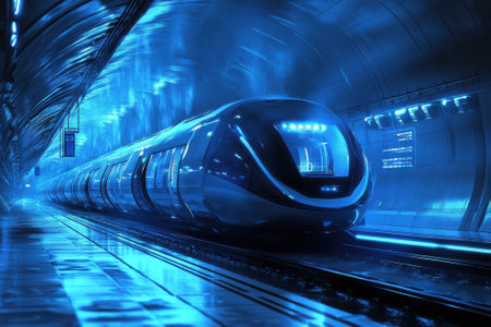 A sleek train stands at an underground station, surrounded by glowing blue lights and a modern environment.の写真素材