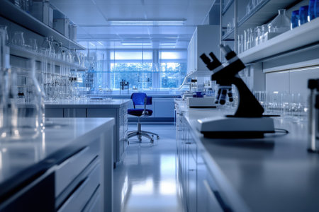 A well-lit laboratory featuring various glassware and instruments prepared for scientific research tasks.の写真素材