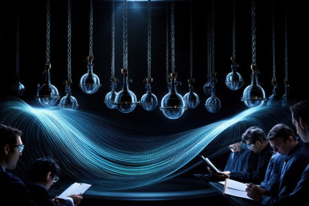 In a modern laboratory, researchers observe glowing data visualizations while taking notes in notebooks.の写真素材