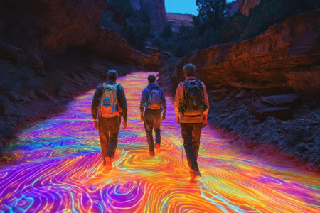 Three individuals hike along a vibrant, glowing trail in a canyon during twilight, surrounded by rocky cliffs.の写真素材