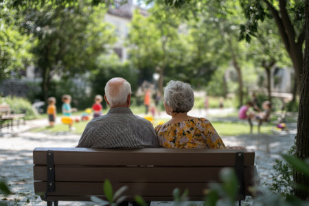 An elderly couple sits closely on a bench, surrounded by greenery, watching children play joyfully in the park.の写真素材