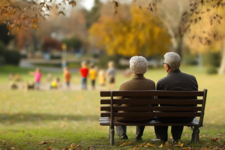 An older couple relaxes on a bench, observing children engaging in playful activities in a vibrant park.の写真素材