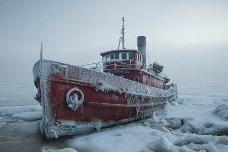 A vintage tugboat is encased in ice, stranded in frozen waters amidst a desolate winter landscape.の写真素材