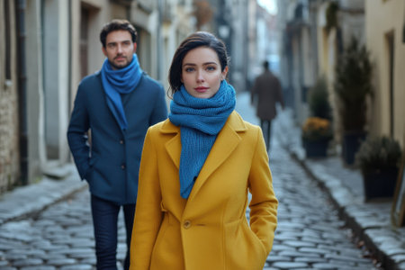 A couple strolls down a narrow cobblestone street, wearing warm coats and scarves, enjoying the cool weather.の写真素材