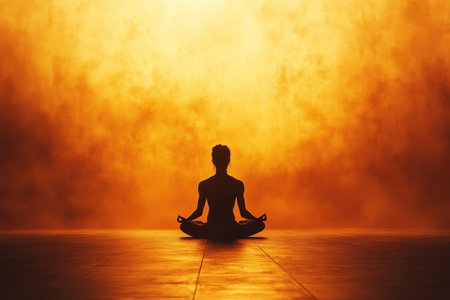 A person sits cross-legged, meditating against a vibrant orange sky during sunset.の写真素材