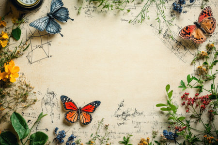 Butterflies and wildflowers are beautifully arranged around vintage paper, creating a serene atmosphere.の写真素材