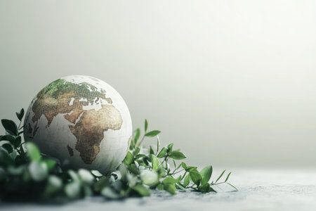 A decorative globe rests on a smooth surface, encircled by vibrant green leaves, showing Earth's beauty.の写真素材