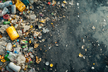 A vacant lot covered with litter, including plastic bottles and food containers, illustrates pollution issues.の写真素材