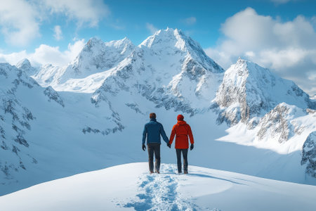 Snow-covered mountains provide a breathtaking backdrop as a couple holds hands and admires the scenery.の写真素材