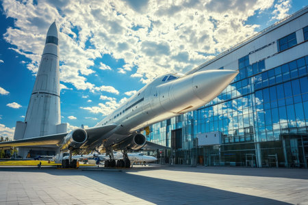 A large aircraft sits proudly in front of a glass museum building, showcasing aerospace advancements against a blue sky.の写真素材