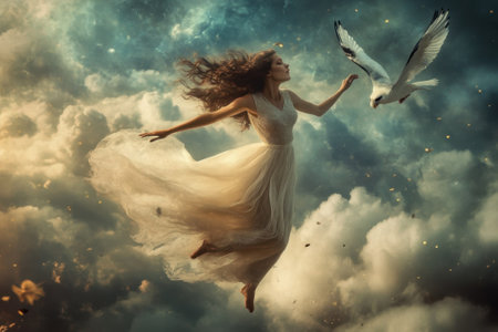A woman in a white dress floats in a dreamy sky, accompanied by a bird, surrounded by fluffy clouds.の写真素材