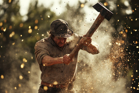 A man in a plaid shirt uses an ax to chop wood, surrounded by flying sawdust in a sunny forest.の写真素材