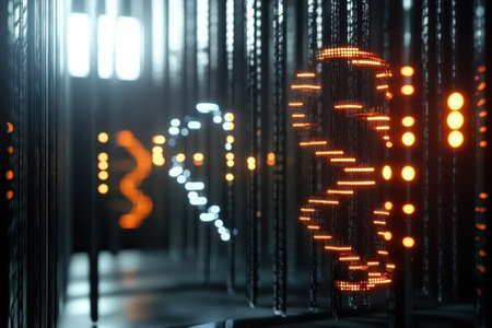 Glowing symbols in vibrant colors illuminate a dark space, creating a futuristic atmosphere of technology.の写真素材