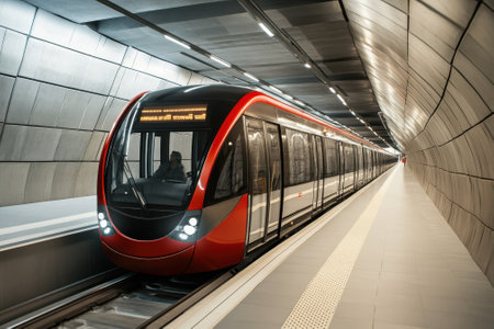 A red and black train approaches a minimalist underground station with smooth lines and bright lighting.の写真素材