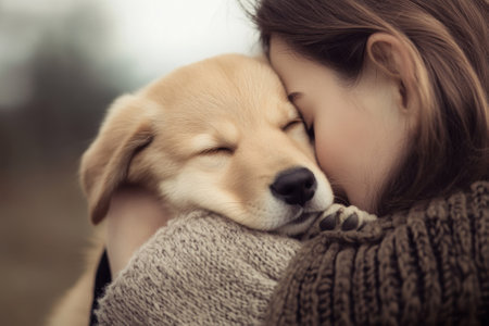 A girl hugs a golden retriever puppy, highlighting their bond in a calm outdoor setting.の写真素材