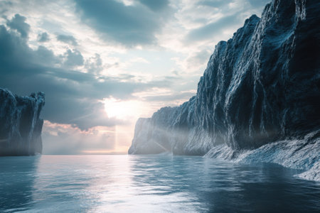Coastal cliffs rise dramatically above calm waters, illuminated by soft early morning light and clouds.の写真素材