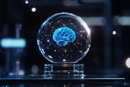 A luminous blue brain hologram is displayed within a transparent glass sphere against a dark, high-tech backdrop.の写真素材