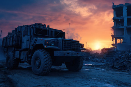 A heavily armored military vehicle navigates the rubble of a destroyed city while the sun sets in the background.の写真素材