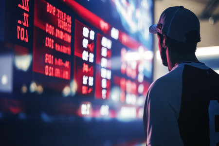 A person closely examines sports betting odds displayed on a large screen in a bustling environment.の写真素材