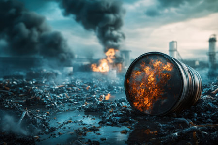 Flames erupt from a waste barrel surrounded by debris and dark smoke rising from factories during twilight.の写真素材