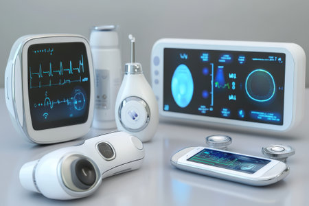 Various digital health devices showcase their screens and functions in a sleek, contemporary environment.の写真素材