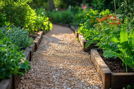 A serene garden path made of pebbles, surrounded by lush plants and herbs basking in warm sunlight.の写真素材
